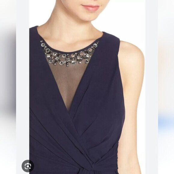 ELIZA J | Embellished Chiffon Fit & Flare Gown Dress EJ6M1353 Navy Blue sz 6 - Picture 2 of 6